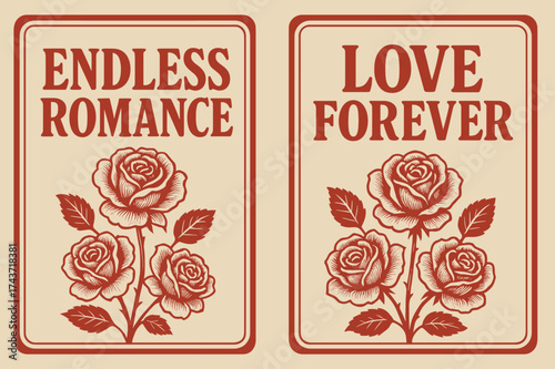 Endless Love Banners. Endless Romance. Two vertical A6 banners with safe margins, centered composition, no elements touching edges, retro style, red and beige,