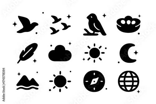 Migrating Birds Icons. Migrating birds. Solid icons set of Migrating birds: flying bird, flock of birds, bird in tree, nest, feather, cloud, sun, moon,
