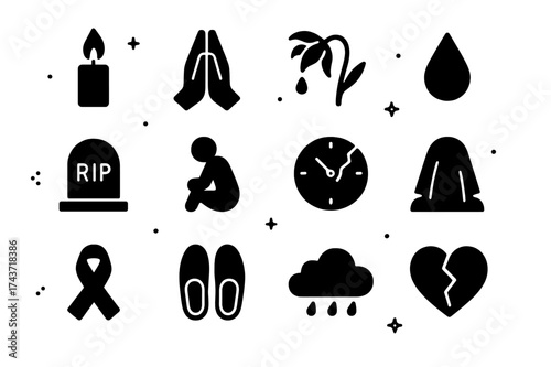 Symbols of Grief. Unspoken grief. Solid icons set of candle flame, folded hands, wilted lily, teardrop, gravestone, shadow figure, broken clock, veil, black