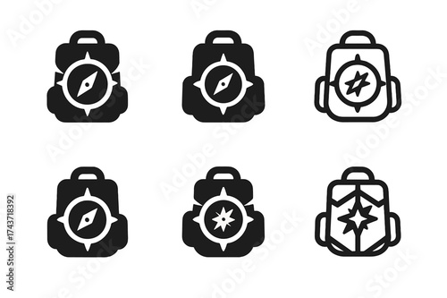 Compass Logo Variations. Backpacking Journey. Set Logo of Backpacking Journey: compass. harmonious logo variations of the same emblematic concept, each with