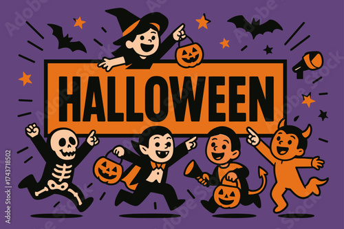 Halloween Banner Extravaganza. Halloween banner, flat vector illustration, bold oversized text inside rectangular frame, cartoon characters jumping and