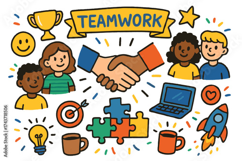 Teamwork Doodle Icons. Teamwork. Colorful Hand-drawn doodle Children illustration Teamwork handshake, puzzle pieces, diverse coworkers, star, trophy, smiley