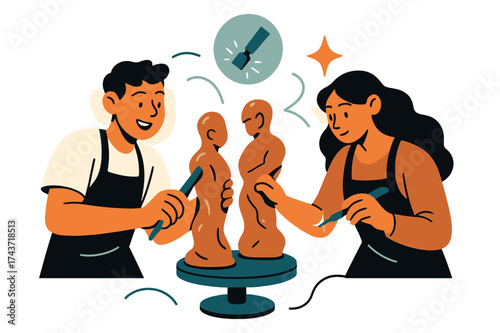 Dynamic Clay Sculpting Scene. Sculpting time. Students glowing as they carve clay figures with tools. Floating icons of spiral, chisel, and sparkle showing