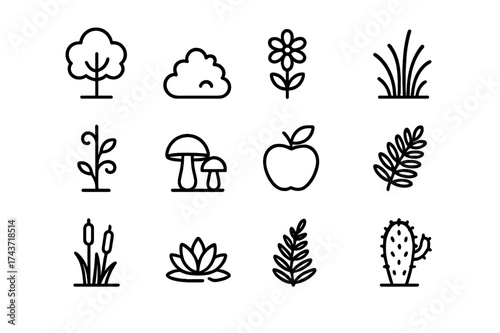 Flora and Fauna Icons. Flora and fauna. Line icon set of Flora and fauna: tree, bush, flower, grass, vine, mushrooms, fruit, acacia, reeds, water lily, fern,