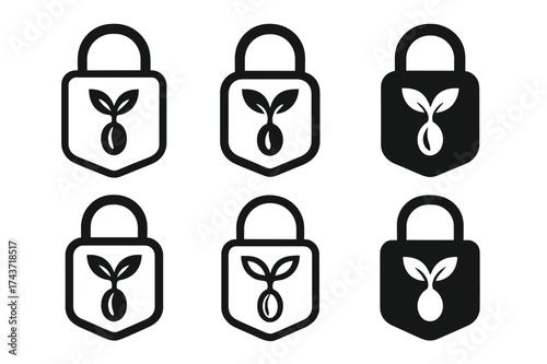 Seed Vault Logos. Seed preservation techniques. Set Logo of seed vault: secure container with sprouting emblem. harmonious logo variations of the