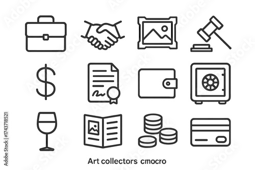 Art Collector Icons. Art collectors. Line outline icon set of art collectors: briefcase, handshake, framed art