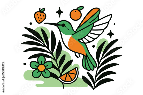 Tropical Hummingbird Bliss. Tropical Hummingbird. A bird flying over abstract palm leaves and glowing flowers, floating fruit icons surrounding it playfully.