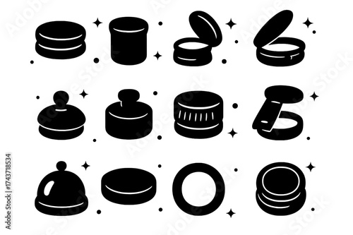 Assorted Lid Icons. Empty jar lids. Solid icons set of screw cap lid, cork lid, flip lid, metal lid, glass lid, ceramic lid, plastic lid, hinged lid, dome lid,