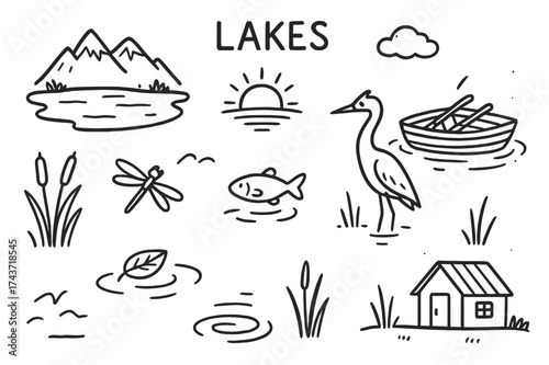Serene Lakeside Doodle. Lakes. Hand-drawn doodle illustration lakes mountain lake, boat with oars, heron bird, cattail plants, dragonfly, fish outline,