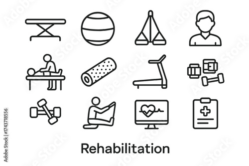 Rehabilitation Icon Set. Rehabilitation. Line icon set of Rehabilitation: physiotherapy table, exercise ball, resistance bands, therapist, patient, foam