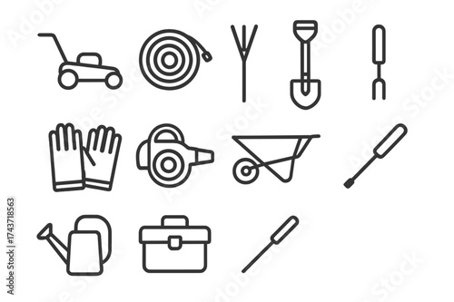 Outdoor Equipment Icons. Outdoor equipment maintenance. Line icon set of outdoor equipment maintenance: lawn mower, hose, rake, shovel, garden gloves, leaf
