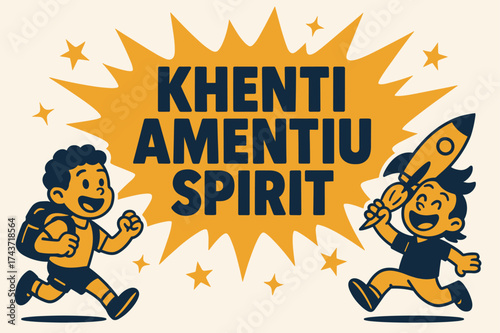 Rocket Adventure Banner. Khenti Amentiu Spirit banner, flat vector illustration, bold oversized text inside splash explosion, cartoon characters running and