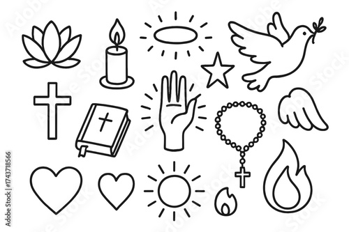 Spiritual Doodle Elements. Spirituality. Hand-drawn doodle illustration spirituality lotus flower, candle, rays of light, halo, angel wings, star, dove, cross,