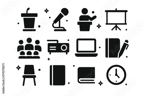 Academic Icon Set. Academic Presentation. Solid icons set of Academic Presentation: Podium, Microphone, Speaker, Audience, Projector, Screen, Laptop, Notebook,