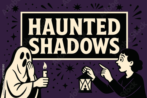 Haunted Shadows Banner. HauntedShadows banner, flat vector illustration, bold oversized text inside rectangular frame, cartoon characters whispering and