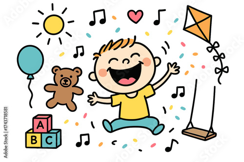 Joyful Childhood Doodles. Child?s Laughter. Hand-drawn doodle illustration smiling child (colored), balloon, teddy bear (colored), kite, toy blocks (colored),