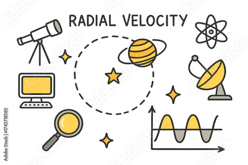 Star Wobble Chart. Radial Velocity. Hand-drawn doodle illustration star wobble chart (colored), orbit line, planet (colored), telescope, graph (colored),