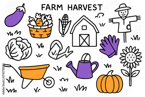 Farm Harvest Doodles. Farm harvest. Hand-drawn doodle illustration farm harvest eggplant (accented), basket of vegetables (accented), corn cob, pumpkin