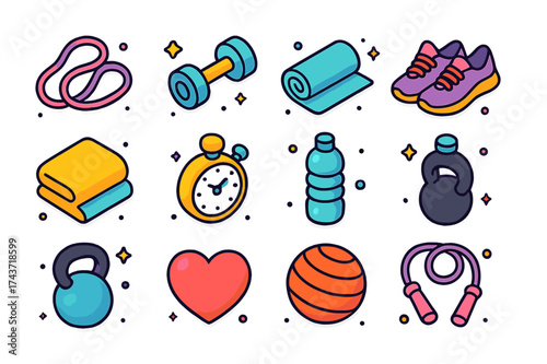 Colorful Workout Icons. Workout Essentials. Colorful isometric vector icons set of workout essentials: resistance band, dumbbell, yoga mat, sneakers, towel,