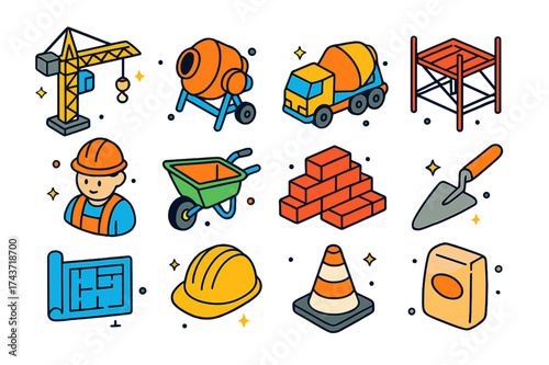 Colorful Construction Icons. Construction site. Colorful isometric vector icons set of construction site: crane, concrete mixer, cement truck, scaffolding,