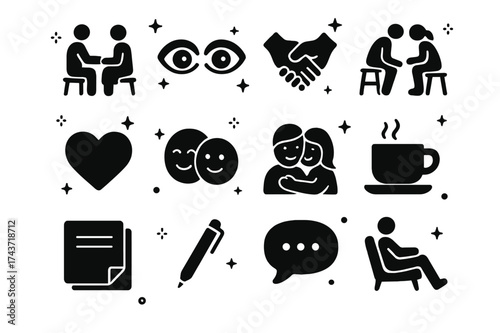 Icons of Intimacy. Intimate Discussion. Solid icons set of Intimate Discussion: Sitting Couple, Eye Contact, Hand Holding, Leaning Forward, Heart Symbol,