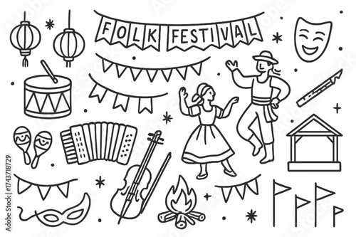 Folk Festival Icons. Folk festival. Hand-drawn doodle illustration folk festival drum, accordion, fiddle, flute, dancers, costumes, garland, banner, mask,