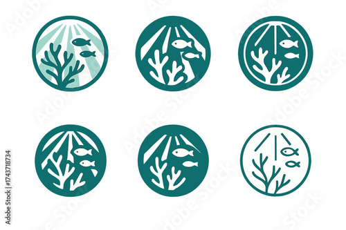 Diverse Ocean Logos. Exploration of ocean depths and undiscovered marine ecosystems. Set Logo of ecosystem circle: circular emblem with coral, fish, and light