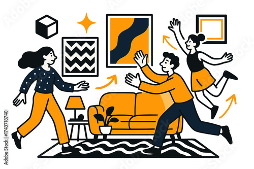 Vibrant Artful Living Room. Gallery-inspired living room. Glowing interior filled with bold patterns and framed artworks. Floating icons of cube, sparkle, and