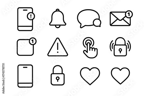 Digital Alert Icons. Digital alerts. Line icon set of Digital alerts: smartphone, notification bell, chat bubble, message icon, email, app icon, badge, alert