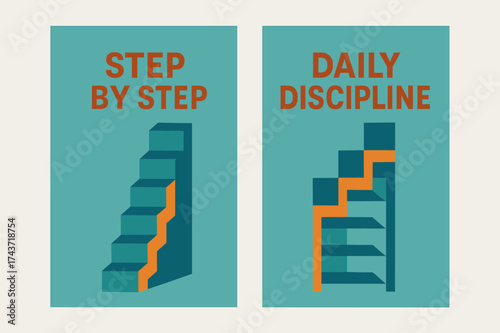Abstract Ladder Banners. Determination. Two vertical A6 banners with safe margins, centered composition, no elements touching edges, geometric style, turquoise
