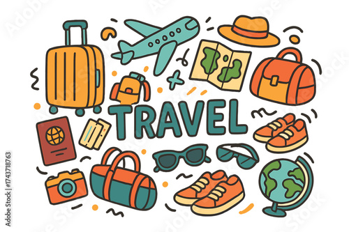Travel Essentials Doodle. Travel. Hand-drawn doodle illustration of Travel. suitcase, backpack, passport,