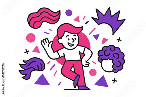 Floating Playful Wigs. Playful wigs. Abstract floating wigs shaped like waves, curls, and spikes, orbiting around a smiling character. Bright geometric shapes