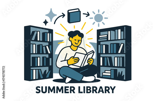 Glowing Outdoor Library. Summer library. Glowing reader in outdoor pop-up library surrounded by bookshelves in sunshine. Floating icons of sparkle, book, and