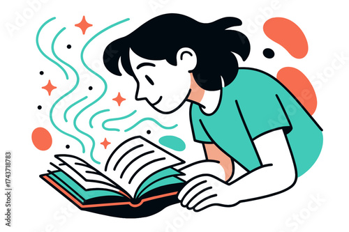 Magical Pages Glow. Whispers of Pages. A character leaning close to a glowing book, pages turning with abstract floating lines and stars symbolizing secrets.