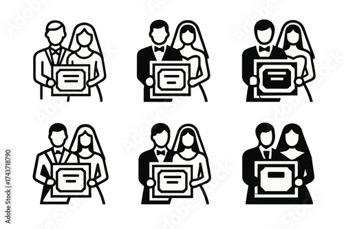 Wedding Logo Variations. Couple holding wedding certificates. Set Logo of Celebration: newlyweds with framed certificate. harmonious logo variations of the