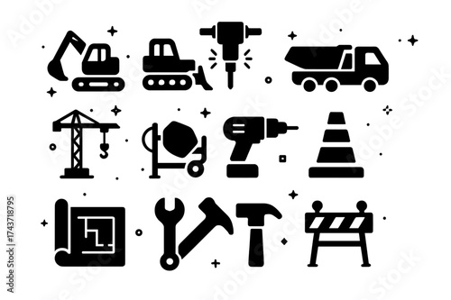 Construction Tools Icons. Construction excavations. Solid icons set of excavator, bulldozer, jackhammer, dump truck, crane, concrete mixer, drill, safety cone,