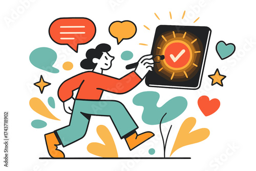 Creative Logo Creation. Brand identity. A character painting a glowing logo onto a floating board while abstract speech bubbles, stars, and hearts orbit around