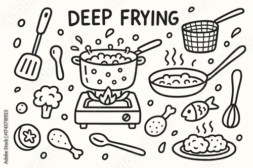 Deep Frying Essentials. Deep Frying. Hand-drawn doodle illustration Deep Frying pot, frying pan, basket, bubbles, flame, oil drops, spatula, spoon, stove,