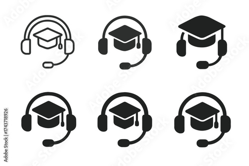 Skill Learning Logos. Learning new skills through online platforms. Set Logo of Learning new skills through online platforms: Online tutor headset / mic.