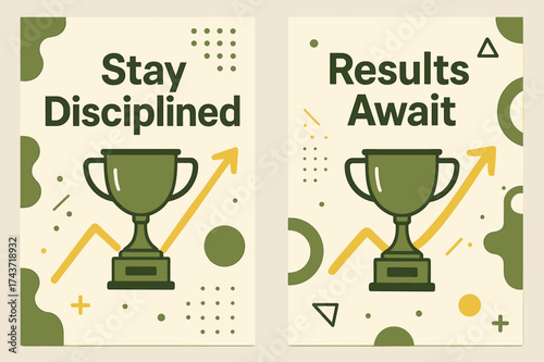 Playful Trophy Banners. Inspiration. Two vertical A6 banners with safe margins, centered composition, no elements touching edges, memphis style, olive green