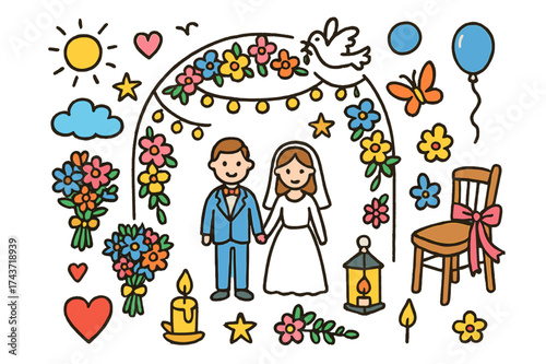 Colorful Wedding Celebration. Outdoor Wedding. Colorful Hand-drawn doodle Children illustration arch, flowers, chair with ribbon, lantern, candle, butterfly,