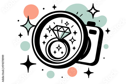 Glowing Diamond Elegance. Jewelry close-up. A glowing diamond ring captured by a camera lens, abstract sparkles, stars, and floating circles highlighting