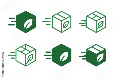 Eco-Friendly Logo Designs. Trade in eco-friendly products and sustainable merchandise. Set Logo of eco delivery: box with green leaf and motion