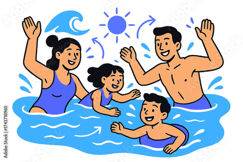 Family Pool Splashing. Swimming fun. Family splashing together in a glowing pool with floating wave and sun