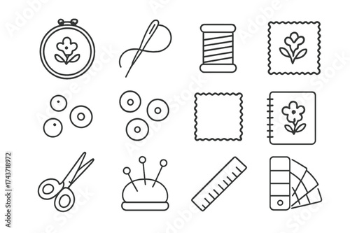 Embroidery Tool Icons. Customized embroidery. Line icon set of Customized embroidery: embroidery hoop, needle, thread, pattern design, beads, sequins, fabric