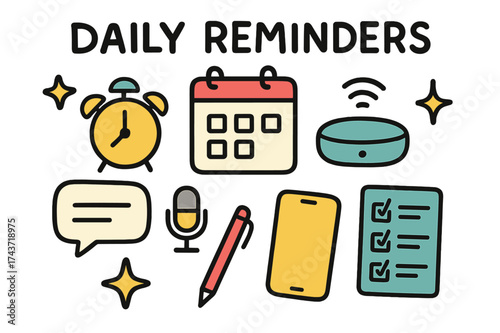 Daily Reminders Doodle. Daily Reminders. Hand-drawn doodle illustration calendar (colored), alarm clock (colored), voice assistant, microphone (colored), chat