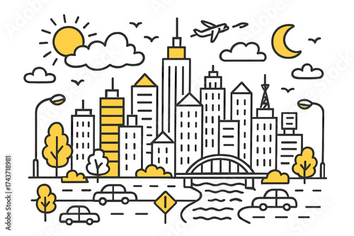 Metropolitan Doodle Illustration. Metropolitan View. Hand-drawn doodle illustration metropolitan view skyscrapers (accented), city buildings, clouds