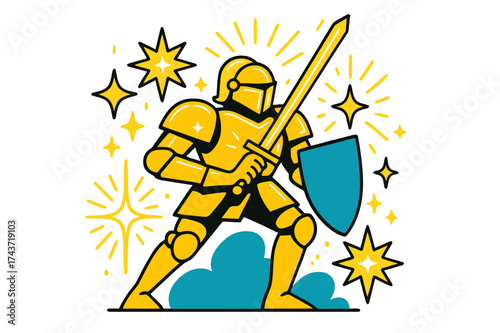 Golden Light Knight. Knight of light. A character wearing glowing golden armor with abstract floating stars, rays, and sparkles symbolizing courage and hope.