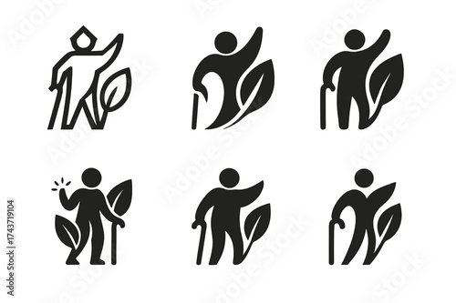 Elderly Wellness Emblems. Physical wellness and mobility for the elderly. Set Logo of healthy aging: elder with leaf and vitality symbol. harmonious logo