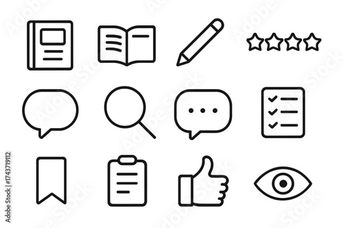 Media Critique Icons. Media critique. Line icon set of Media critique: magazine, open pages, pencil, star rating, speech bubble, magnifying glass, comment